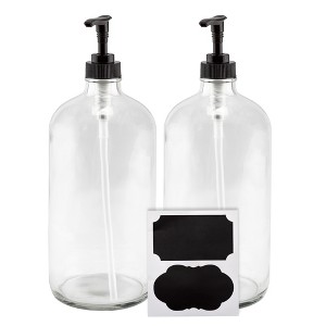 Cornucopia Brands 32oz Clear Glass Pump Bottles 2pk, Locking Black Pumps; Plastic Quart Size Soap Dispensers; Includes Chalk Labels - 1 of 4