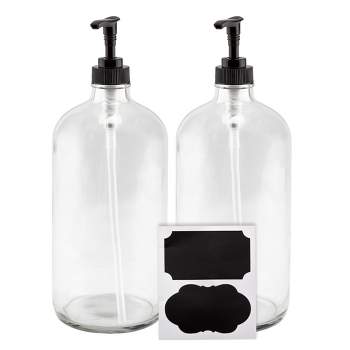 Cornucopia Brands 32oz Clear Glass Pump Bottles 2pk, Locking Black Pumps; Plastic Quart Size Soap Dispensers; Includes Chalk Labels