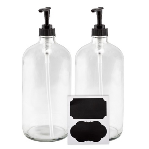 Cornucopia Brands 32oz Clear Glass Pump Bottles 2pk, Locking Black Pumps; Plastic Quart Size Soap Dispensers; Includes Chalk Labels - image 1 of 4