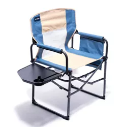 Sunnyfeel Portable Folding Directors Camping Chair with Fold Out Side Table, Integrated Cup Holder, and Large Storage Pocket, Khaki and Blue