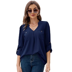 Coolmee Women's Long Rolled Sleeve Tunic Tops Casual V Neck T Shirts Loose Chiffon Blouses - 1 of 4
