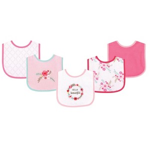 Luvable Friends Baby Girl Cotton Terry Drooler Bibs with PEVA Back 5pk, Floral, One Size - 1 of 1