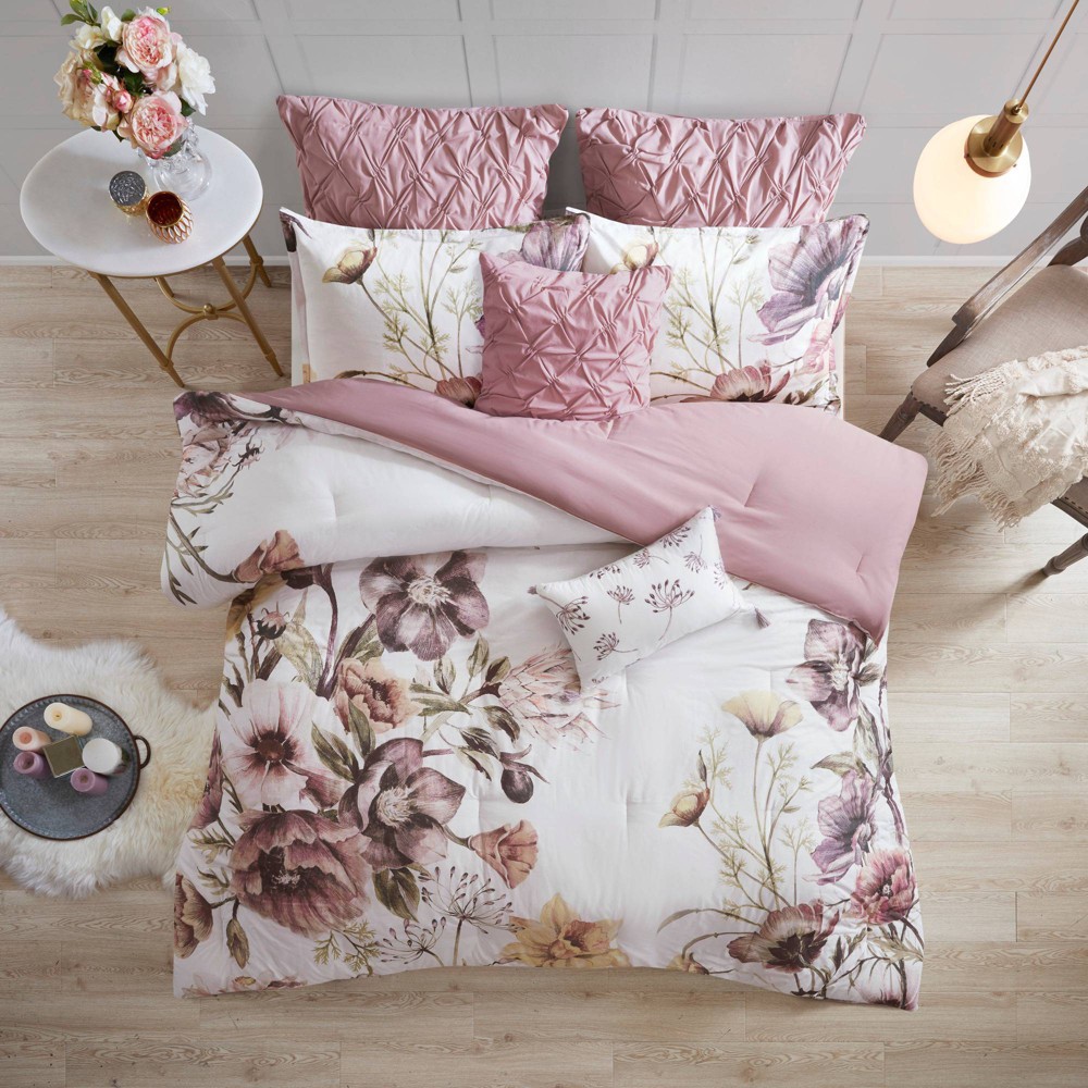 Photos - Duvet 8pc Queen Maddy Cotton Printed Comforter Set Blush - Madison Park: Shabby