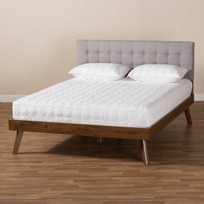 Devan Queen-Sized Light Grey Tufted Upholstered Bed with Walnut Frame