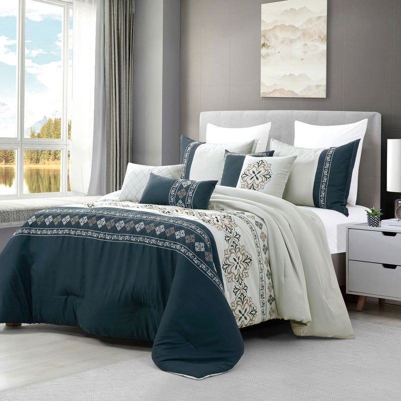 Esca Levana Elegant & Luxurious 7pc Comforter Set:1 Comforter, 2 Shams, 2 Cushions, 1 Decorative Pillow, 1 Breakfast Pillow, 1 of 6