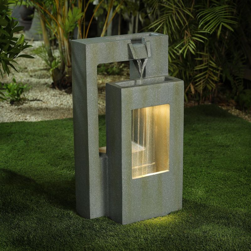 LuxenHome Patina Stone Gray Cement Double Column Outdoor Fountain with LED Lights, 2 of 6