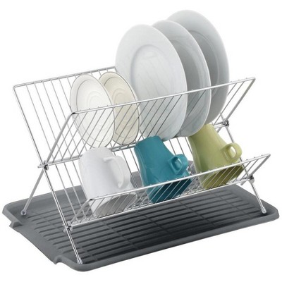 J&V TEXTILES Fsoldable Dish Drying Rack with Drainboard, Stainless Steel 2 Tier Dish Drainer Rack