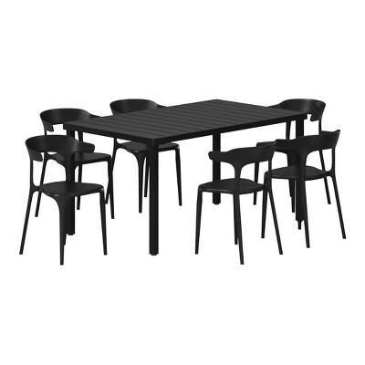 WestinTrends Playa 7-Piece Outdoor Metal Rectangle Patio Dining Table Set With Stackable Plastic Dining Chairs For 6