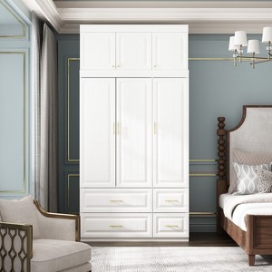 Hitow White Armoire Modern Minimalist Wardrobe Set Lines Pattern Gold Accessories - 1 of 4