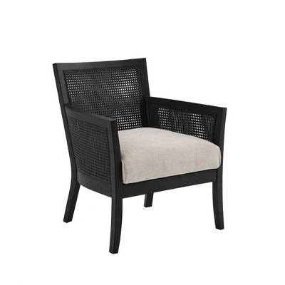 Black Cane and Beige Upholstered Accent Chair with Dark Wood Frame