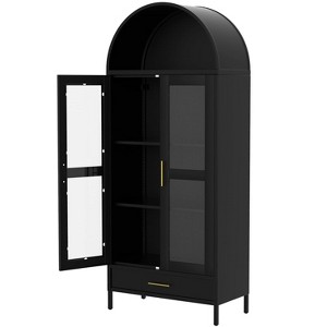 GustoWave 73" Tall Arched Metal Storage Cabinet w/Glass Doors & Drawer, Pantry Cabinet w/Adjustable Shelves, Modern Accent Bookshelf, Black - 1 of 4