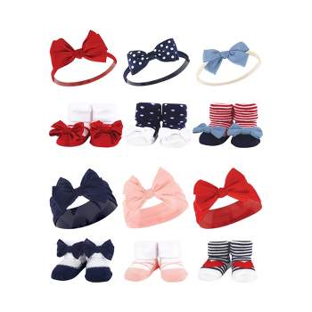 Hudson Baby Infant Girl 12Pc Headband and Socks Giftset, Red Blue Bows Red Chambray, One Size