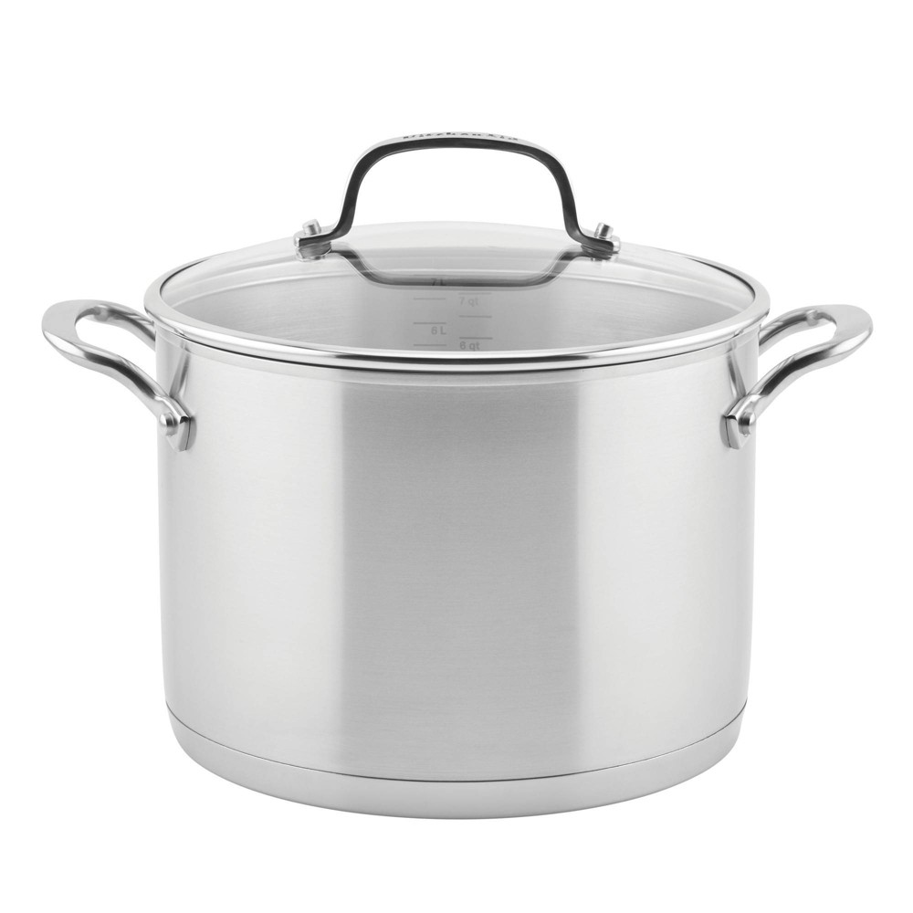 Photos - Stockpot KitchenAid 3-Ply Base Stainless Steel 8qt  with Lid: Dishwasher & Oven Safe, Induction Compatible, Riveted Handle 