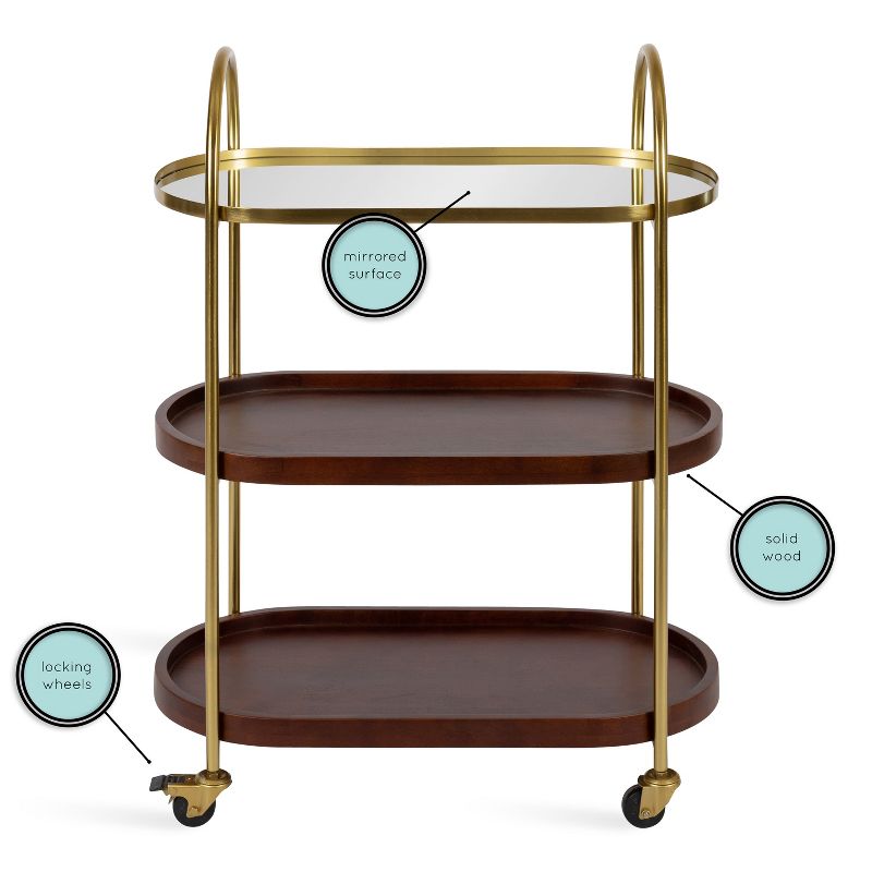 Kate and Laurel Maxfield Oval Wood Bar Cart, 26x13x36, Walnut Brown and Gold, 3 of 13