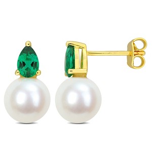 EVERLY JEWELRY | Yellow Plated Sterling Silver 4/5 CT TGW Created Emerald & 8.5 - 9 MM Cultured Freshwater Pearl Fashion Post Earrings - 1 of 4