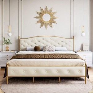 Velvet Upholstered Bed Frame with Solid Wooden Slats Support and Button Tufted Headboard - 1 of 4