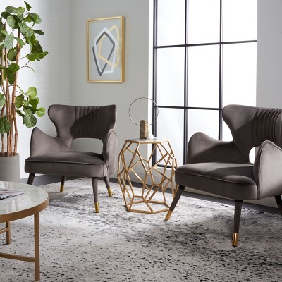 Shale Velvet & Gold-Capped Wood Transitional Accent Chair
