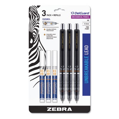 Zebra Delguard Mechanical Pencil, 0.5 mm, HB (#2), Black Lead, Black Barrel, 3/Pack