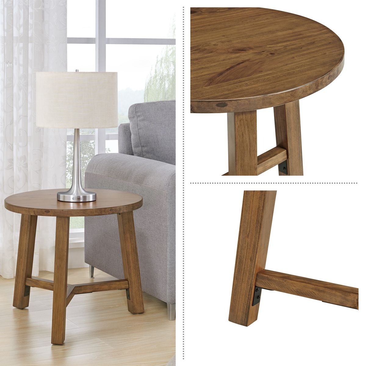 Alaterre Furniture Newbury Collection 20-Inch Round End Table or Nightstand, Solid Wood Farmhouse Accent Table, Pecan Finish - thumbnail 3