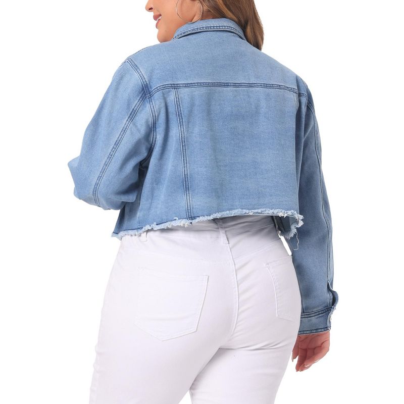 Agnes Orinda Women's Plus Size Frayed Hem Tassel Long Sleeve Button Up Casual Crop Jean Jackets, 4 of 6