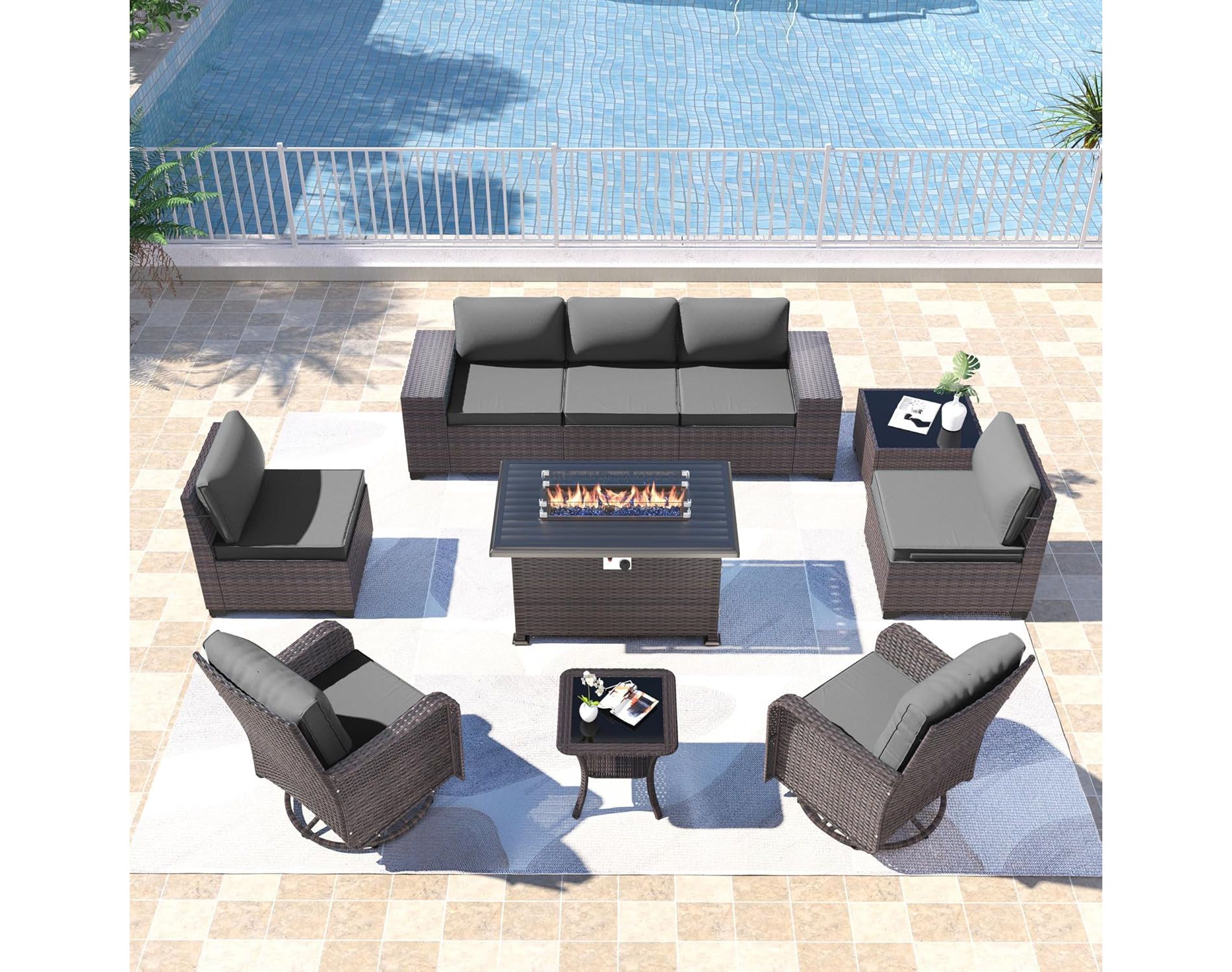 ALAULM 10PCS Outdoor Patio Furniture Set,PE Wicker Sectional Sofa Patio Conversation Set w 43"Gas Propane Fire Pit Table,Swivel Rocking Chair Set,Grey