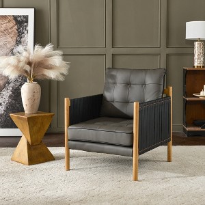 KINWELL Mid-Century Top-Grain Leather Accent Chair with Leather Strap Wrapped Arms - 1 of 4