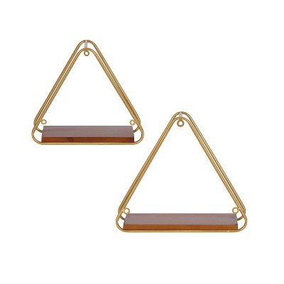 14" Walnut and Gold Geometric Floating Wall Shelves, Set of 2