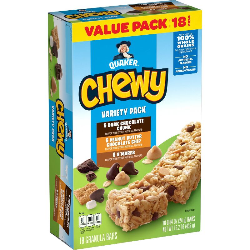 Quaker Chewy Dark Chocolate Chunk, Peanut Butter Chocolate Chip &#38; S&#39;mores Granola Bars Variety Pack - 15.2oz/18ct, 1 of 13