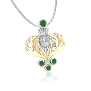 Slickblue Women's Sterling Silver & 18k Gold Thistle Pendant Necklace with Emerald Glass Gemstones, Floral Design, 20" - 1 of 4