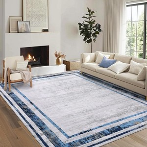 Washable 5x7 Living Room Rug, Distressed Blue Modern Border, Non-Slip Low Pile Soft Carpet for Bedroom or Accent Décor - 1 of 4
