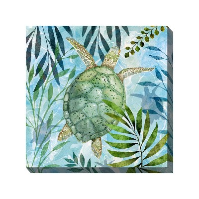 Cottage Garden West of The Wind Coastal Turtle Blue, Green 24 x 24 Inch Waterproof Gallery Wrapped Canvas, Outdoor Garden, Yard, Patio All Weather