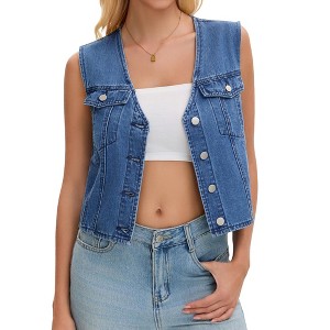 INSPIRE CHIC Women's Denim V Neck Western Button Up Sleeveless Cropped Jean Waistcoat - 1 of 4