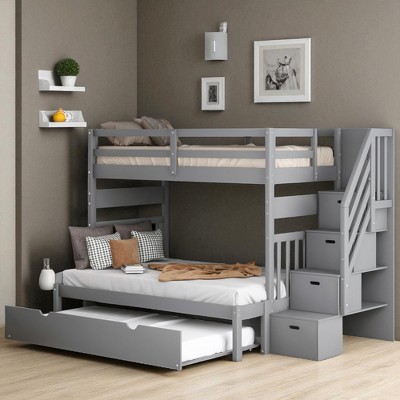 Convertible Twin Over Twin or Twin Over Full Bunk Bed with Trundle, Storage Drawers, Shelves, and Staircase, Pine Wood Frame