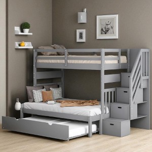 Convertible Twin Over Twin or Twin Over Full Bunk Bed with Trundle, Storage Drawers, Shelves, and Staircase, Pine Wood Frame - 1 of 4