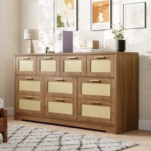 10 Drawer Dresser for Bedroom, 59'' Rattan Dresser TV Stand for 55, 65, 70 TVs, Boho Chest of Drawers with Large Tabletop & Gold Handles - 1 of 4