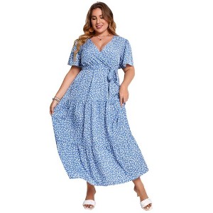 Garvee Women Plus Size V Neck Wrap Maxi Dress High Waist Ruffle Summer Casual Dress with Belt Short Sleeve - 1 of 4