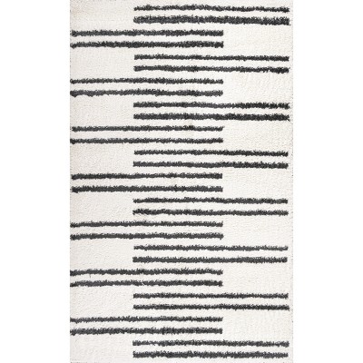 Ivory and Gray Striped Shag Area Rug 3 x 5