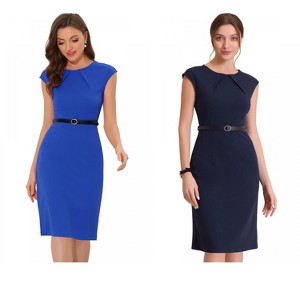 INSPIRE CHIC Women's Elegant Business Round Neck Belted Cap Sleeve Work Sheath Dresses 2 Packs - 1 of 4