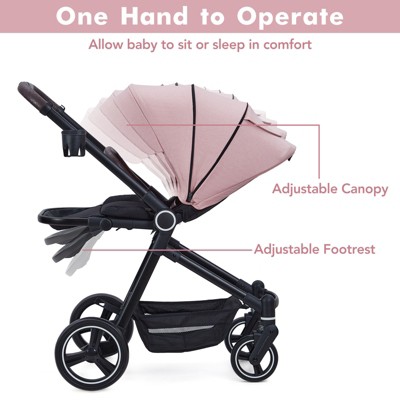 Pink Foldable Aluminum Baby Stroller with Adjustable Canopy