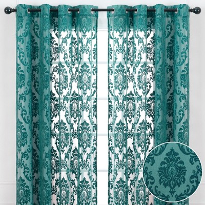 Teal Velvet Damask Sheer Grommet Curtain Panels, 52" x 63"