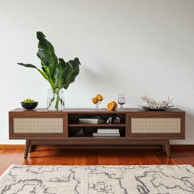 59" Rattan TV Stand with 2 Cabinets, Mid Century Modern Entertainment Console for TVs, Wooden Media Storage Cabinet for Living Room or Apartment