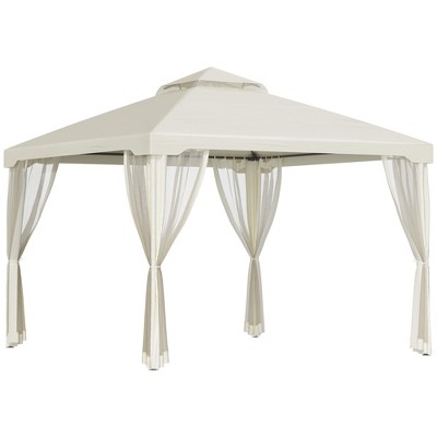 Outsunny 10' x 10' Patio Gazebo Outdoor Canopy Shelter with 2-Tier Roof and Netting, Steel Frame for Garden, Lawn, Backyard and Deck, Cream White
