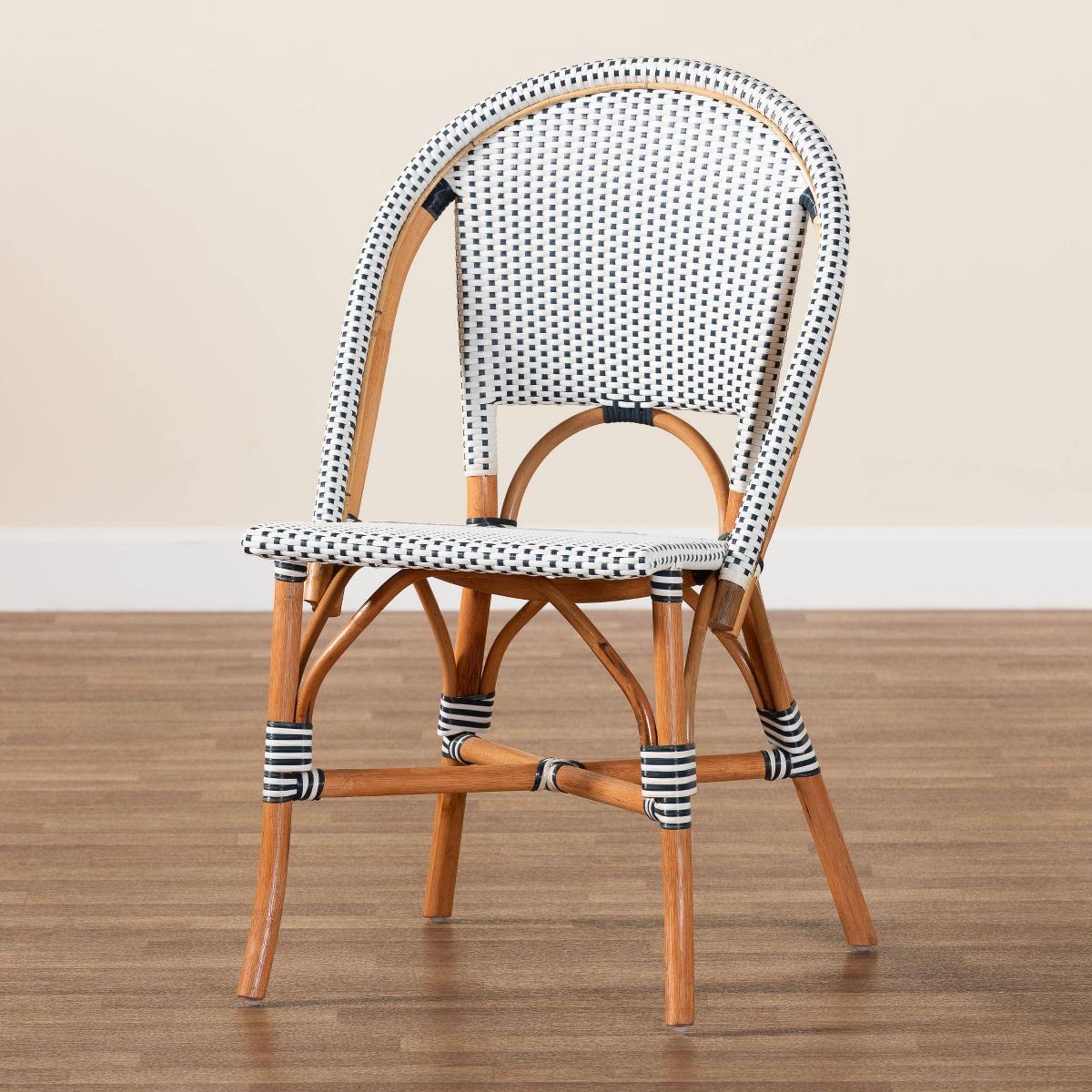 bali & pari Genica Two Tone Weaving and Rattan Bistro Chair Navy Blue/White/Natural Rattan - thumbnail 7