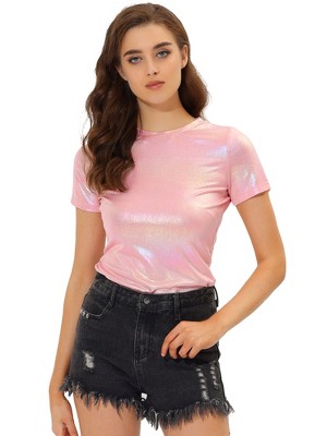 Allegra K Women's Party Metallic Short Sleeve Textured Shiny T-shirts