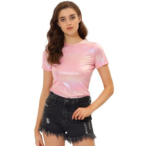 Allegra K Women's Party Metallic Short Sleeve Textured Shiny T-shirts - 1 of 4