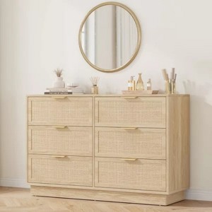 Rattan 6 Drawer Dresser, Wide Chest of Drawers with Metal Handles, Sturdy Wood Base, Bedroom Storage Organizer - 1 of 4