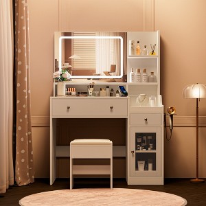 LIKEPAY Vanity Desk with Mirror, Power Outlet, Hair Dryer Bracket, Makeup Table with 2 Drawers,3 Color Modes Available for Bedroom - 1 of 4