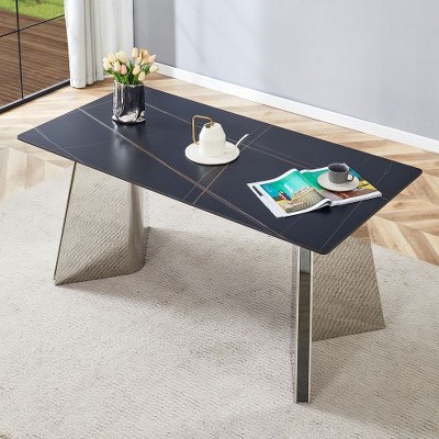 CAVINAS Modern Slab Dining Table with Stainless Steel Butterfly Legs, Rectangle Dining Table for 6, Scratch-Resistant Kitchen Table