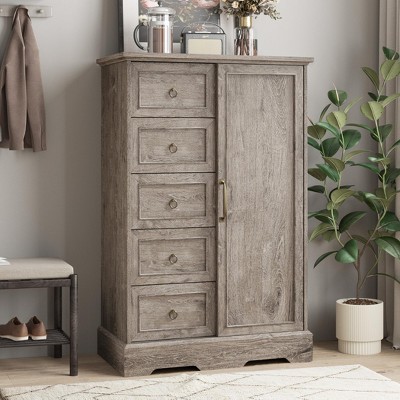 5 Drawers Dresser Organizer with Sliding Barn Door, Wood Storage Cabinet