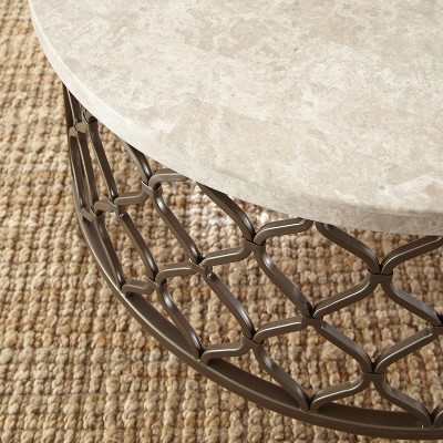Roland Round White Stone Top Coffee Table with Bronze Metal Base